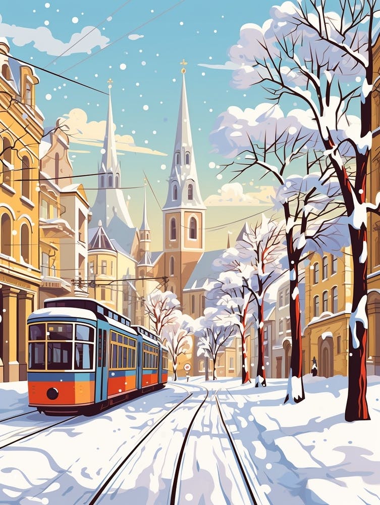 Vintage Winter Travel Illustration St Petersburg Russia 2