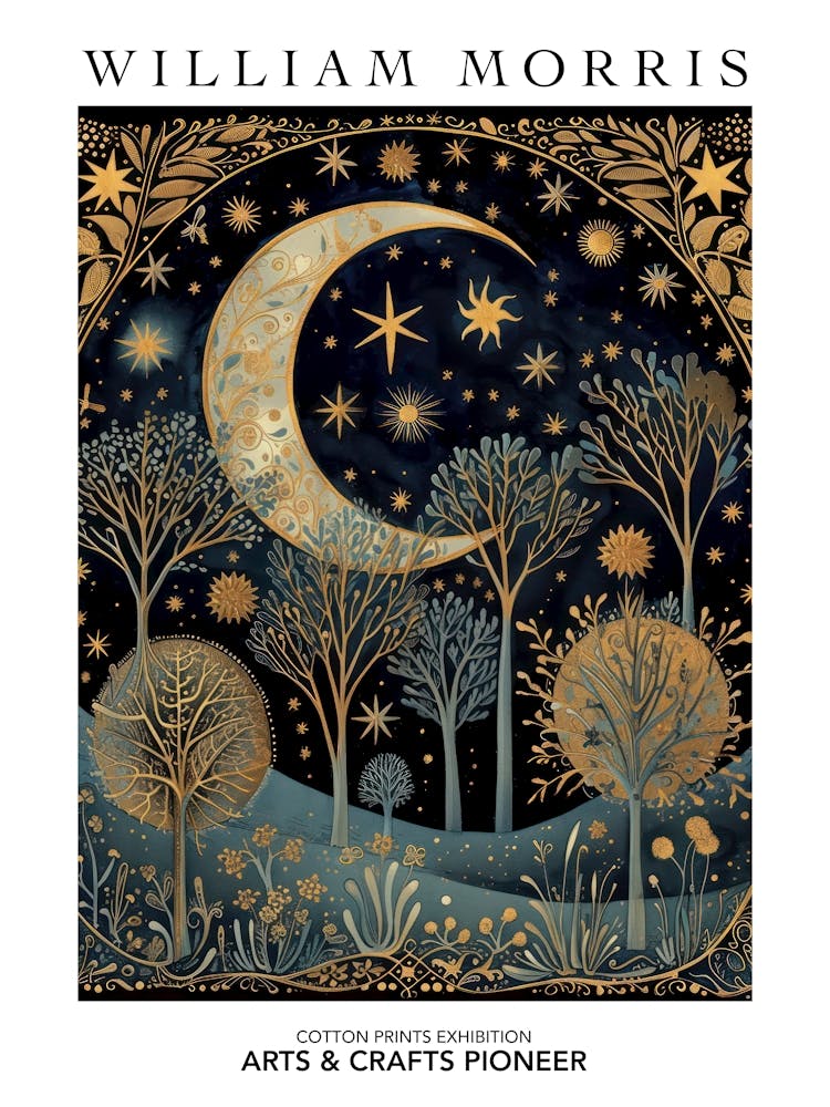 William Morris Print Trees Moon Stars Poster Vintage Wall Art Textiles Art Vintage Poster
