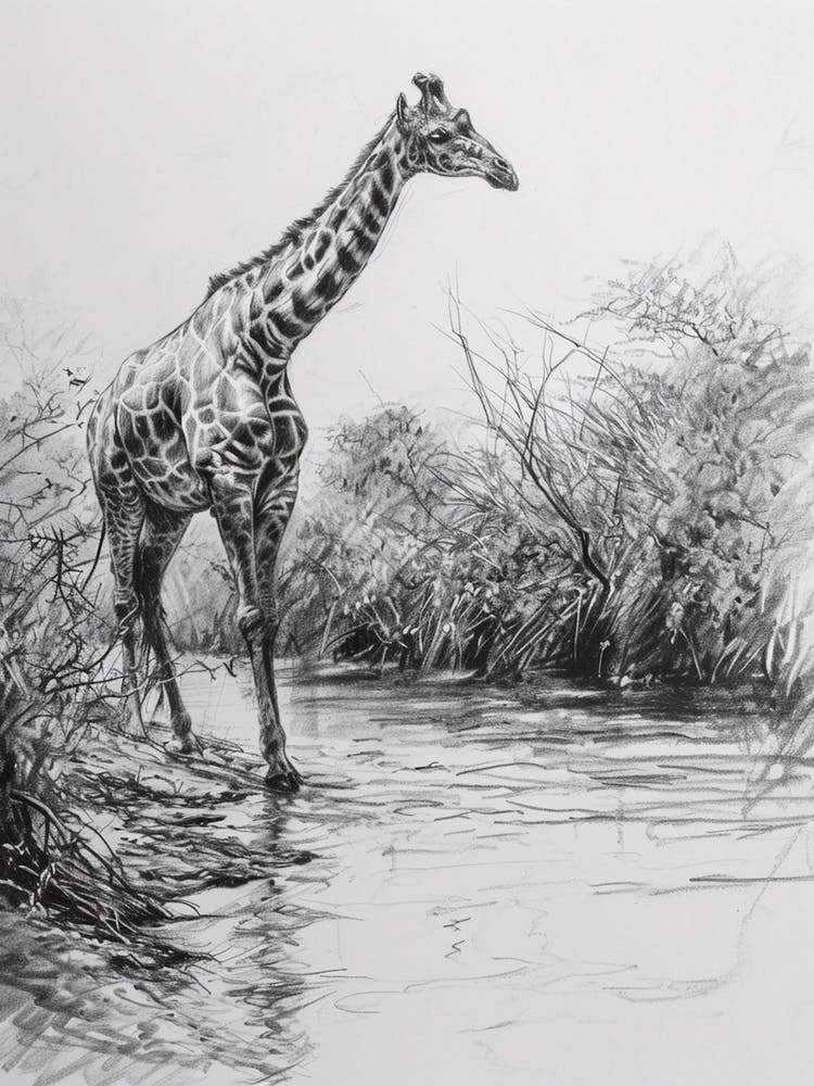 Giraffe In The River Pencil Drawing 1