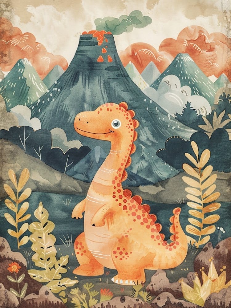 Dinosaur & The Volcano Vintage Storybook Painting 1