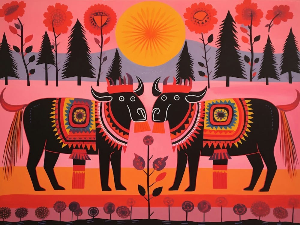 Buffalo 2 Folk Style Animal Illustration