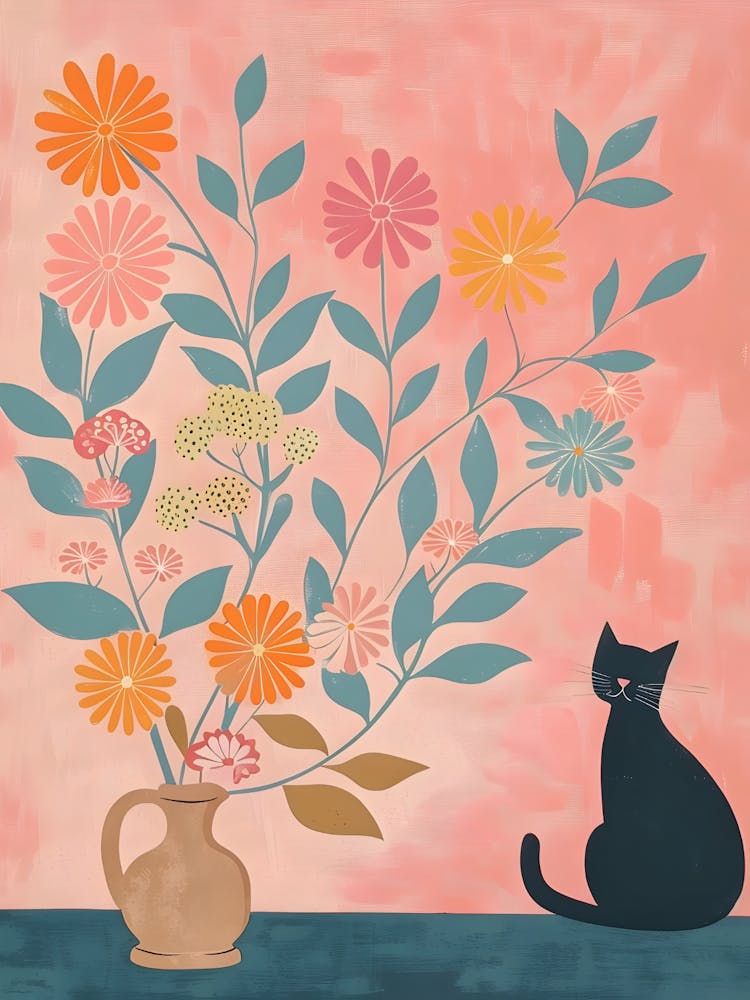 Cat And Flowers