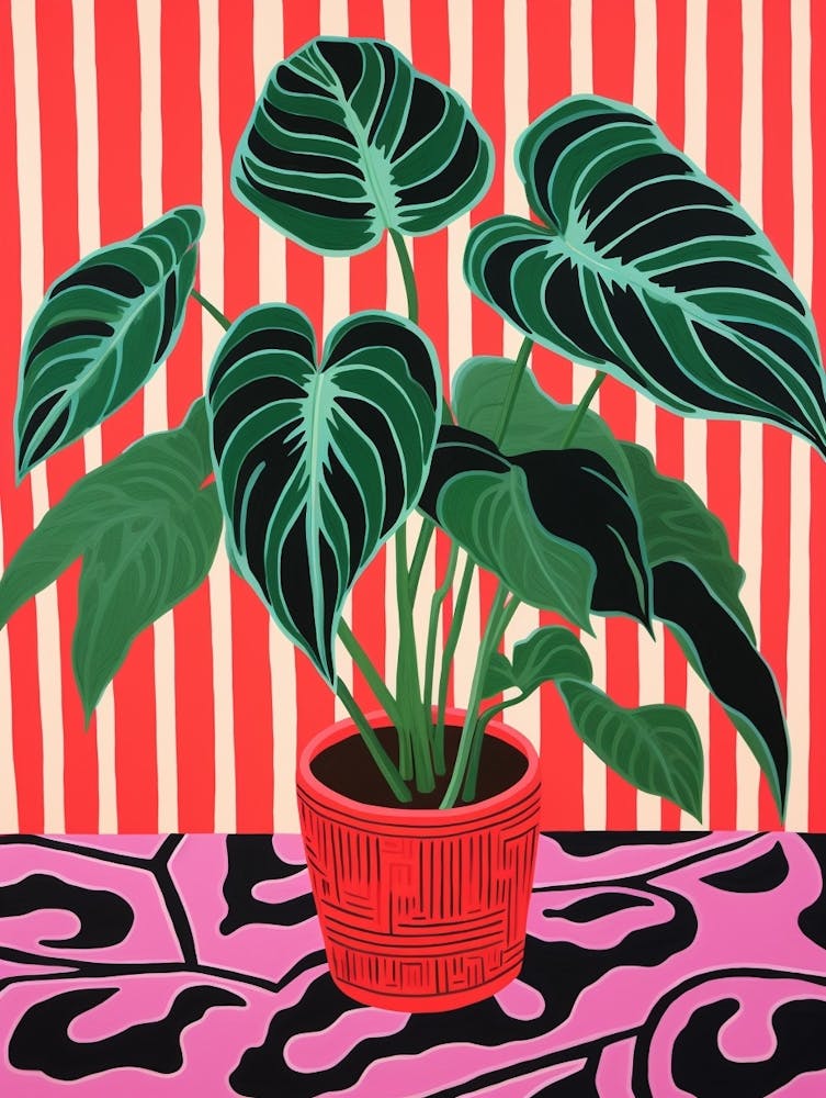 Pink And Red Plant Illustration Calathea Medallion 1