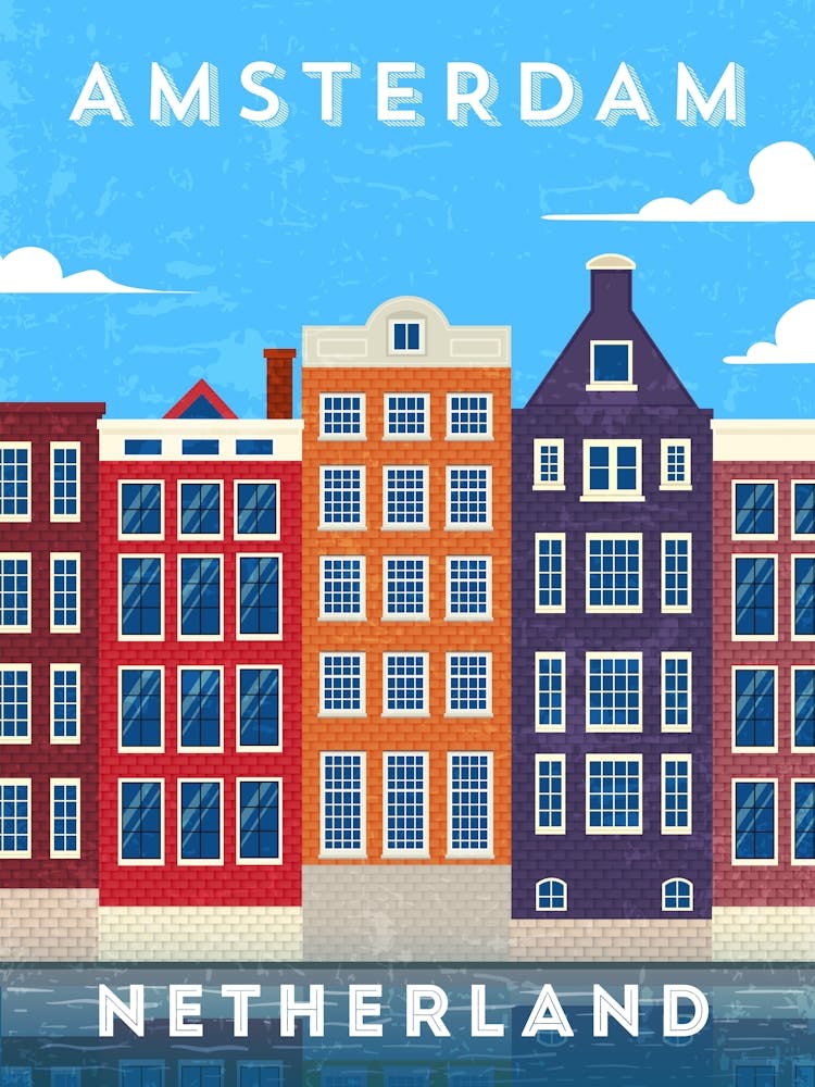 Amsterdam, Netherlands/Holland — Retro travel minimalist poster, retro travel art, retro travel wall art