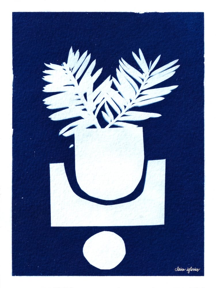 Blue Cyanotype Abstract Collage And Plants 1