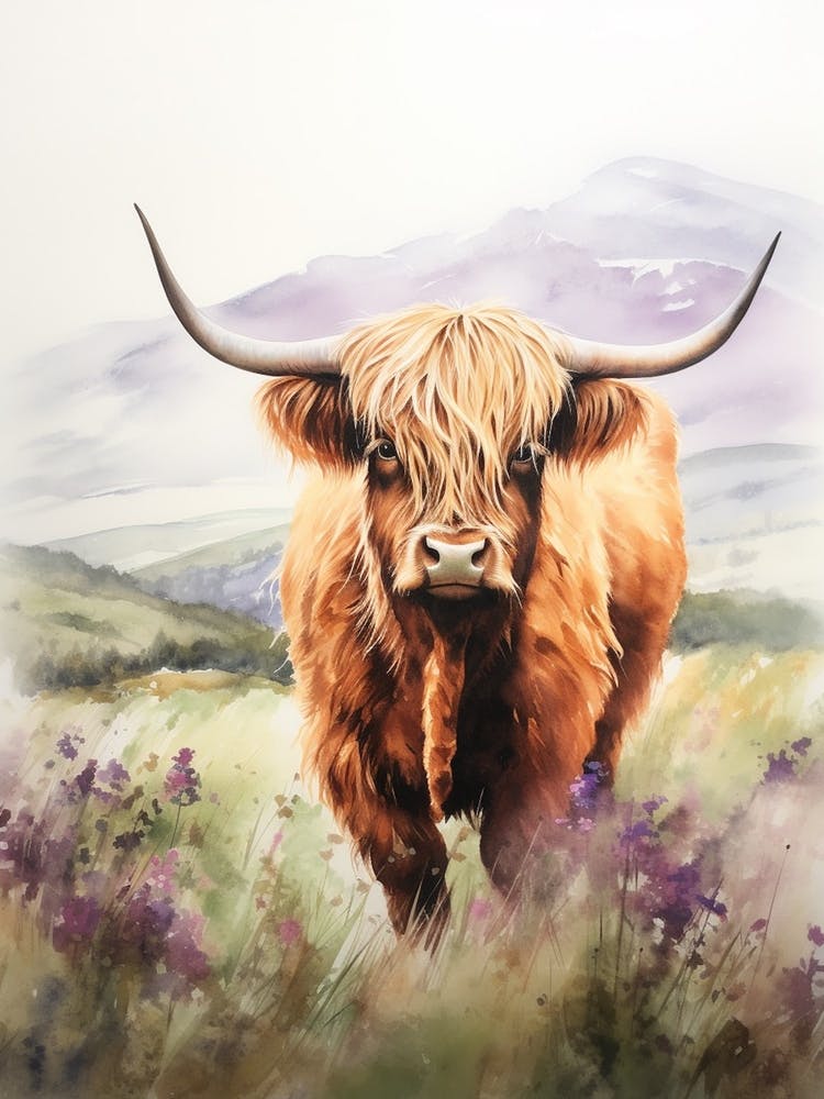 Watercolour Highland Cow With Purple Wildflowers