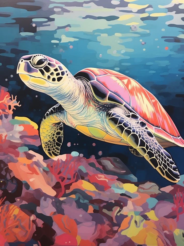 Vivid Pastel Turtle With Aquatic Plants 5