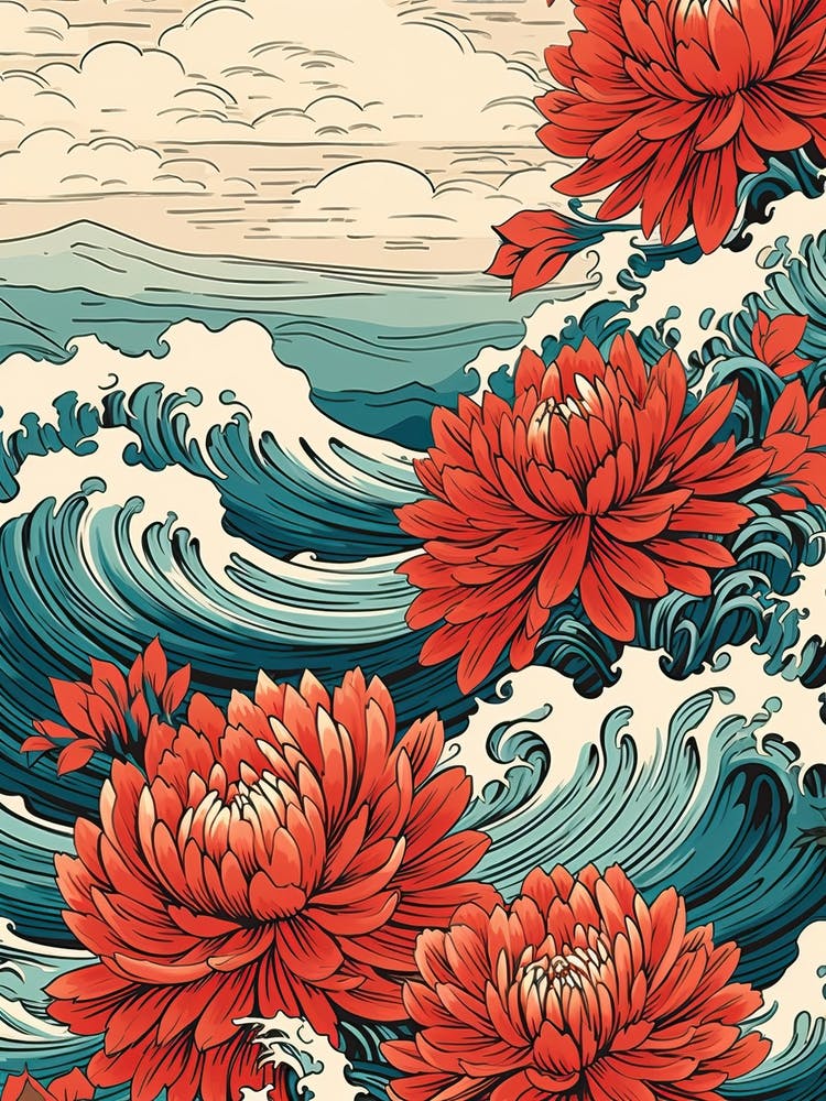 Great Wave With Dahlia Flower Drawing In The Style Of Ukiyo E 3