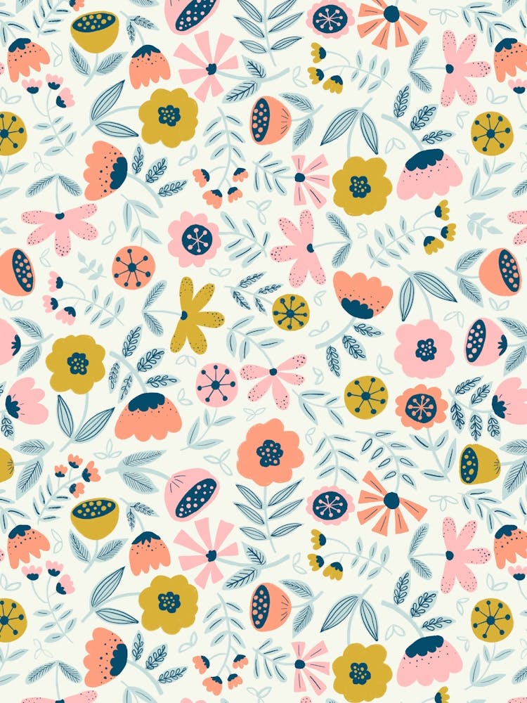 Cute Soft Scattered Scandi Florals Pink, Yellow, Light Blue, White