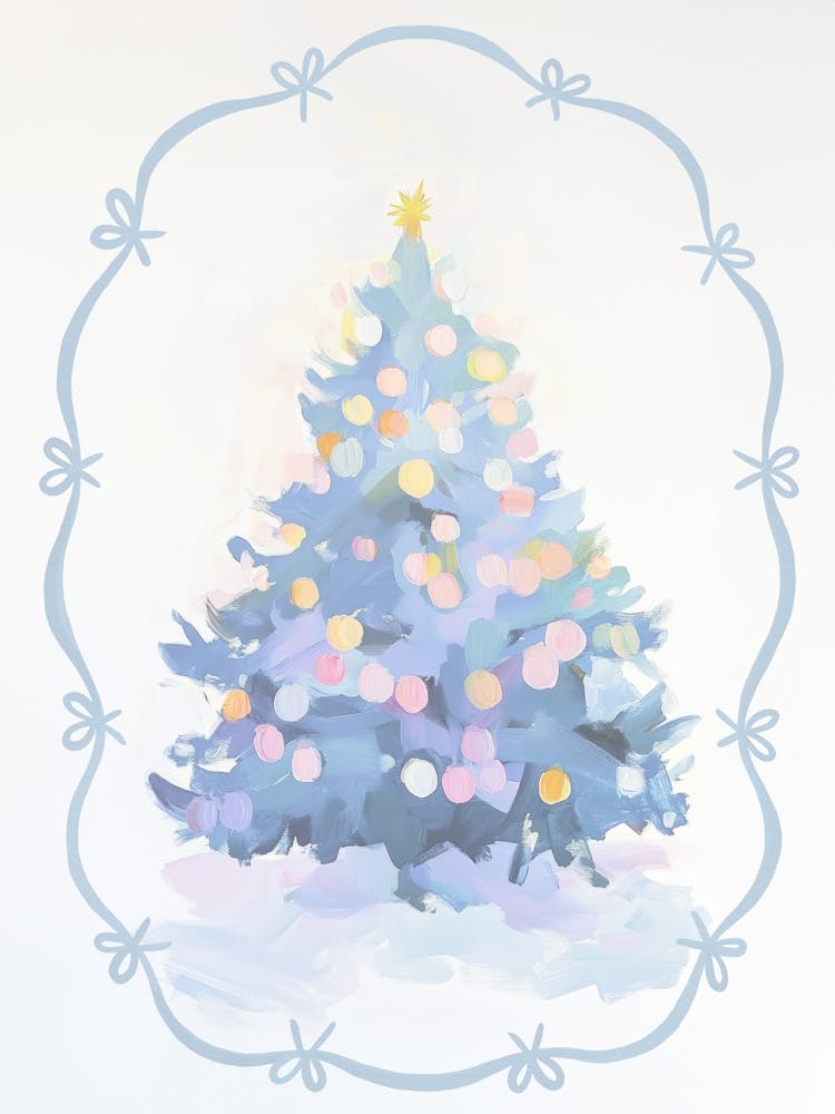 Pastel Blue Christmas Tree. Whimsical Gouache