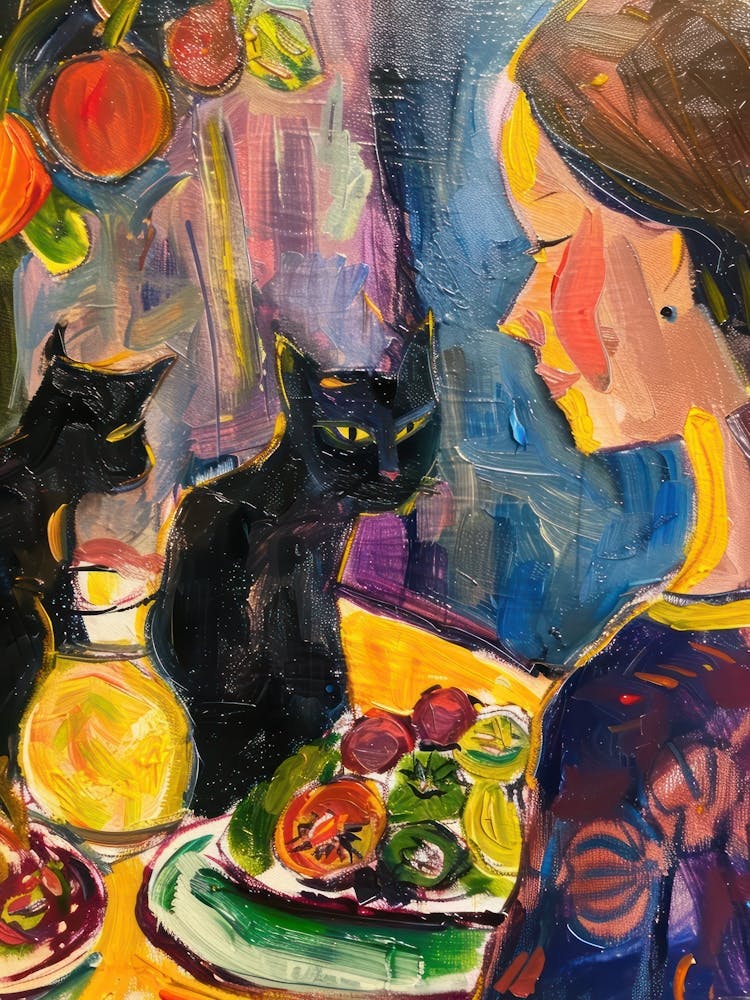 Portrait Of A Girl With Cats Eating Salad 3