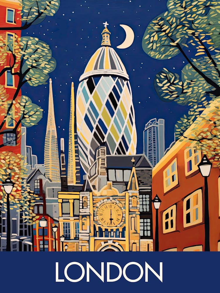London England At Night Travel Print Painting Cute