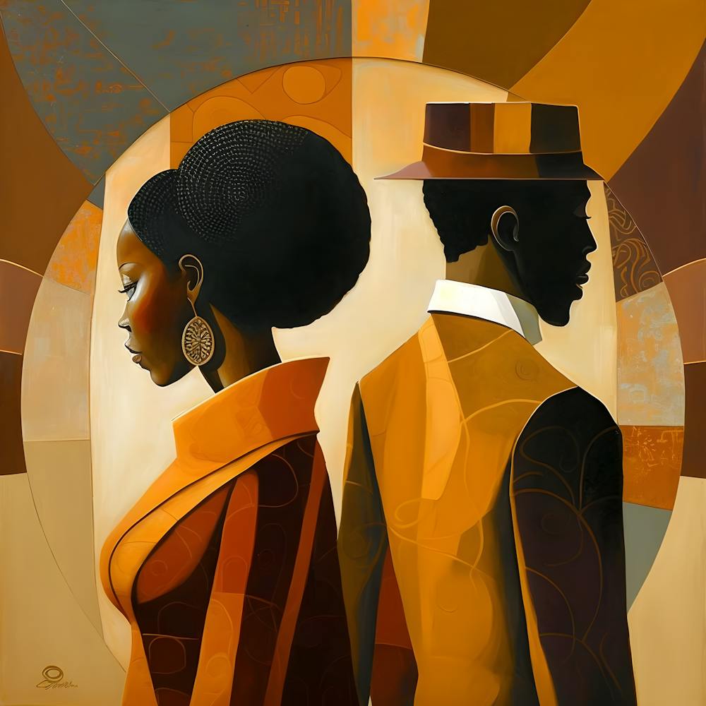 Afrocentric Couple Art Modern Geometric Portrait, Elegant Brown & Gold Aesthetic, Black Love Wall Decor, Sophisticated Canvas Print