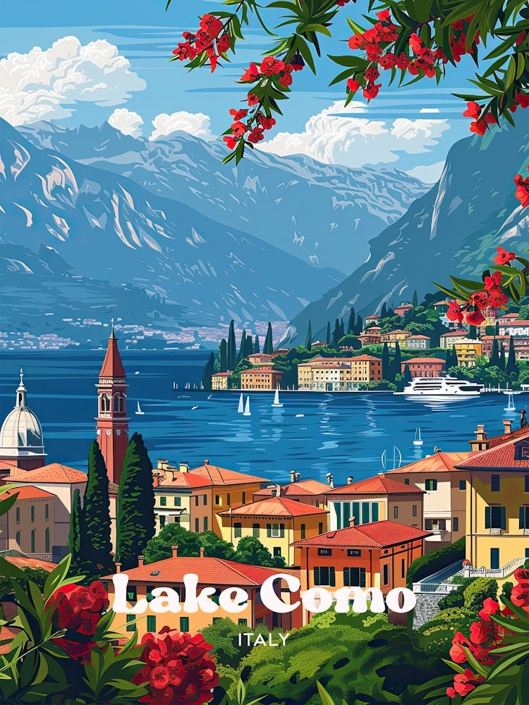 Lake Como Beautiful Travel Art Illustration