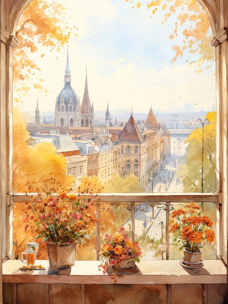 Window View Of Budapest Hungary In Autumn Fall, Watercolour 3