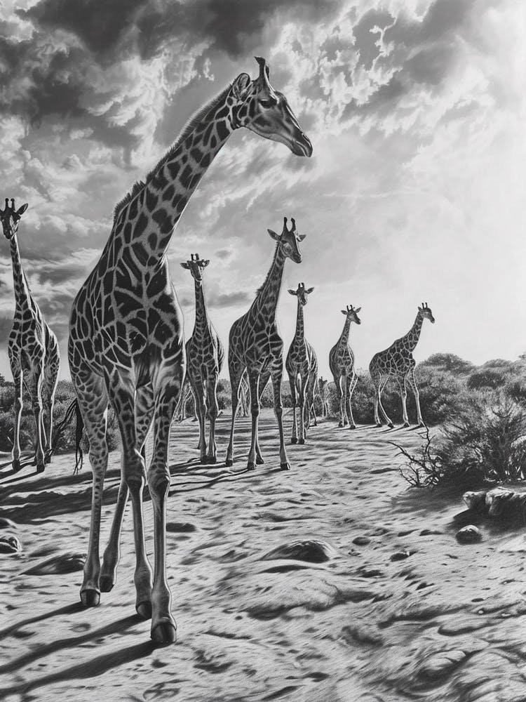 Herd Of Giraffes In The Sun Pencil Drawing 2