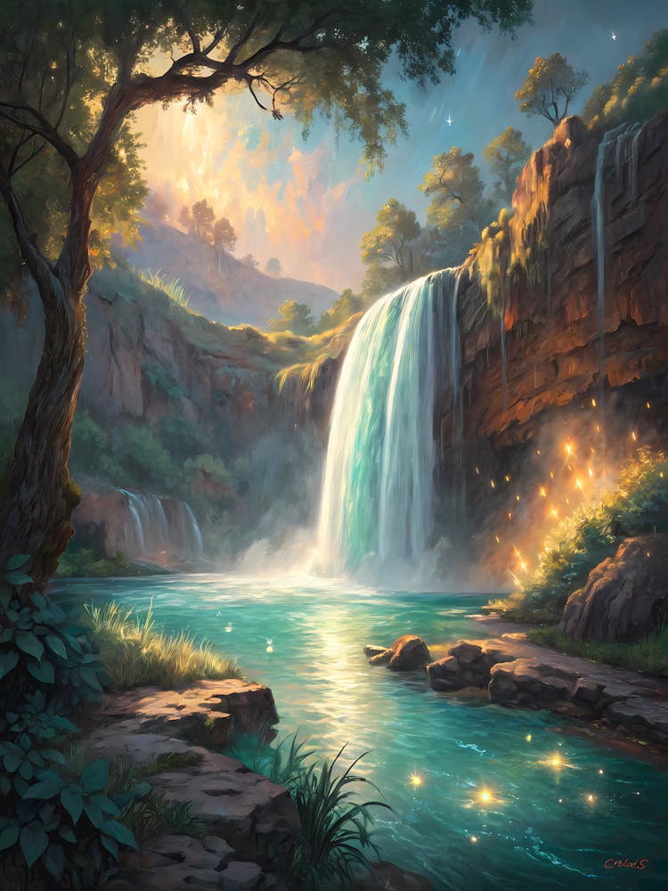 Enchanted Waterfall oil Painting Luminous Forest Landscape with Flowing Water and Magical Glow