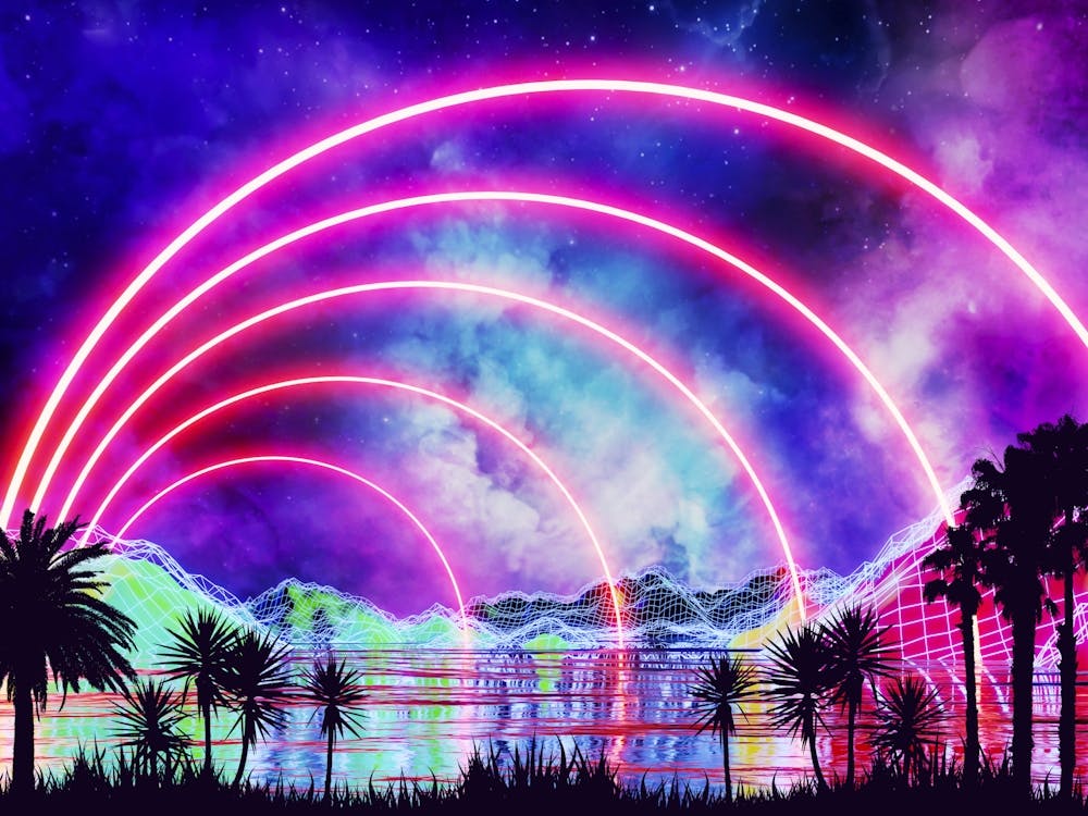 Neon landscape: Arc [synthwave/vaporwave/cyberpunk] — aesthetic retrowave neon poster