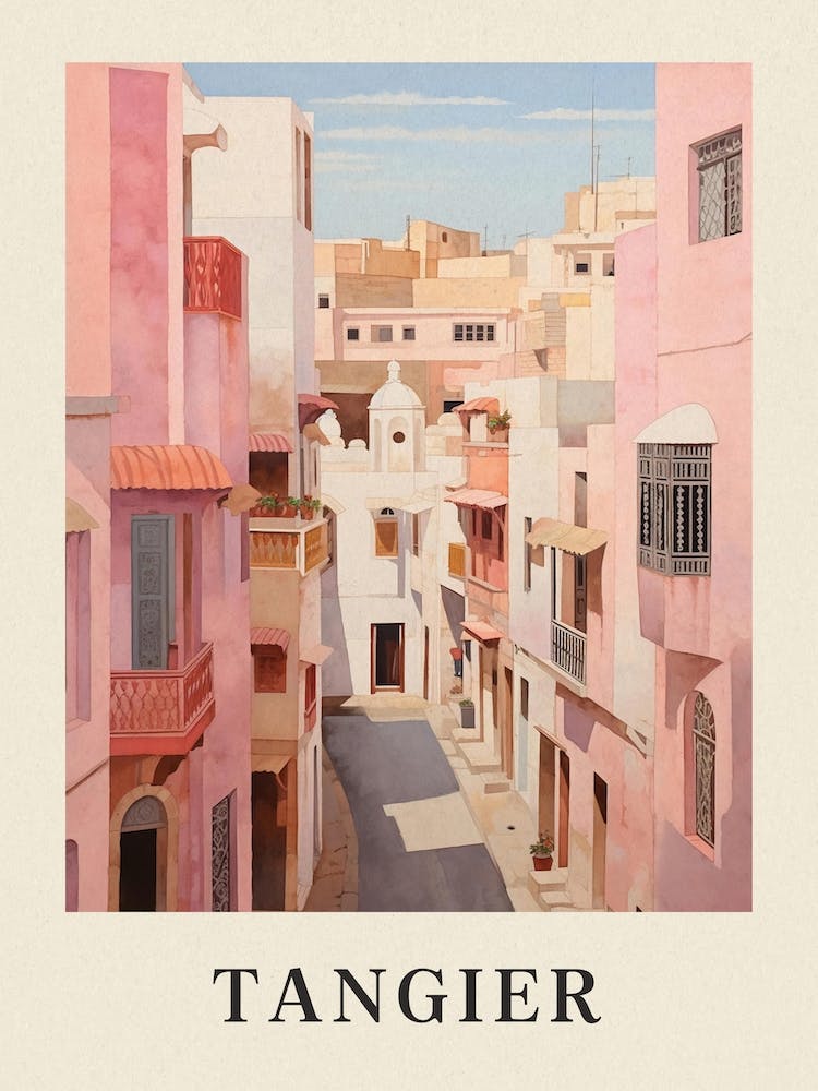 Tangier Morocco 5 Vintage Pink Travel Illustration Poster
