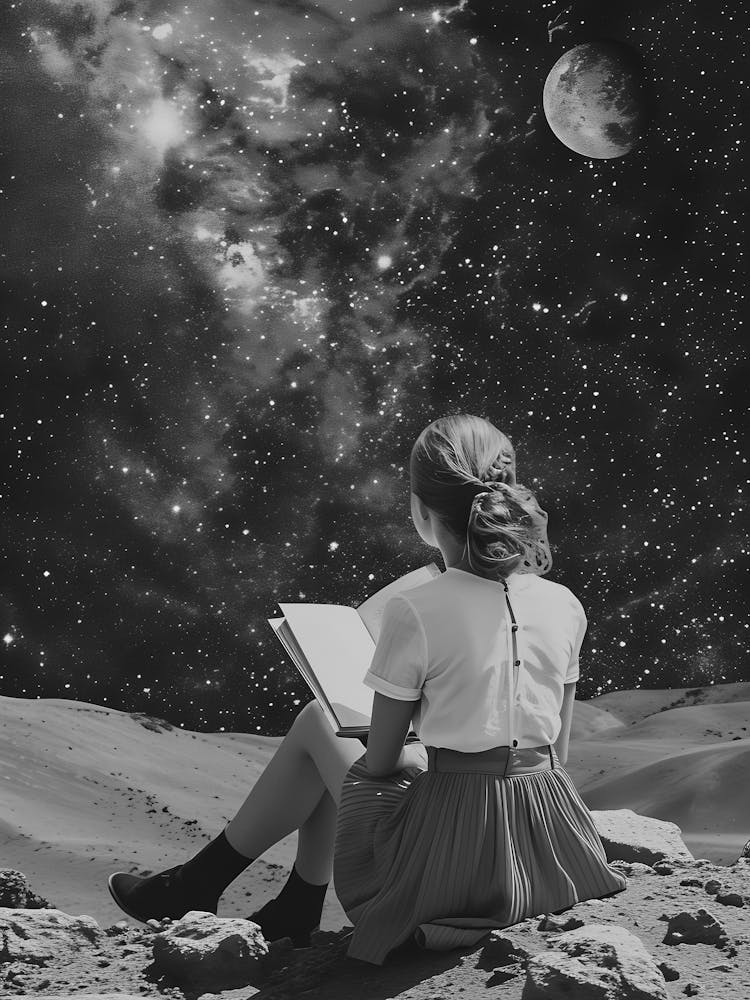 Girl Reading A Book In Space