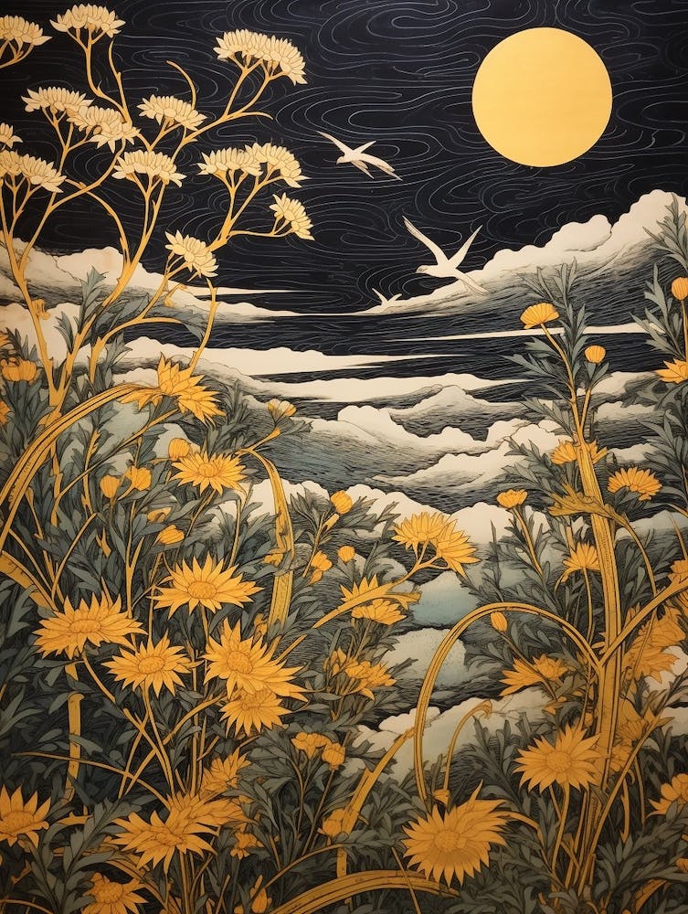 Goldenrod And Birds 2 Vintage Japanese Botanical