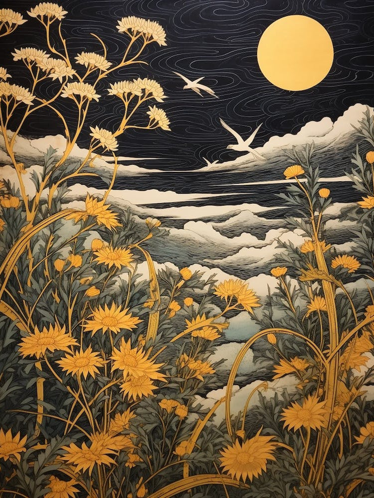 Goldenrod And Birds 2 Vintage Japanese Botanical