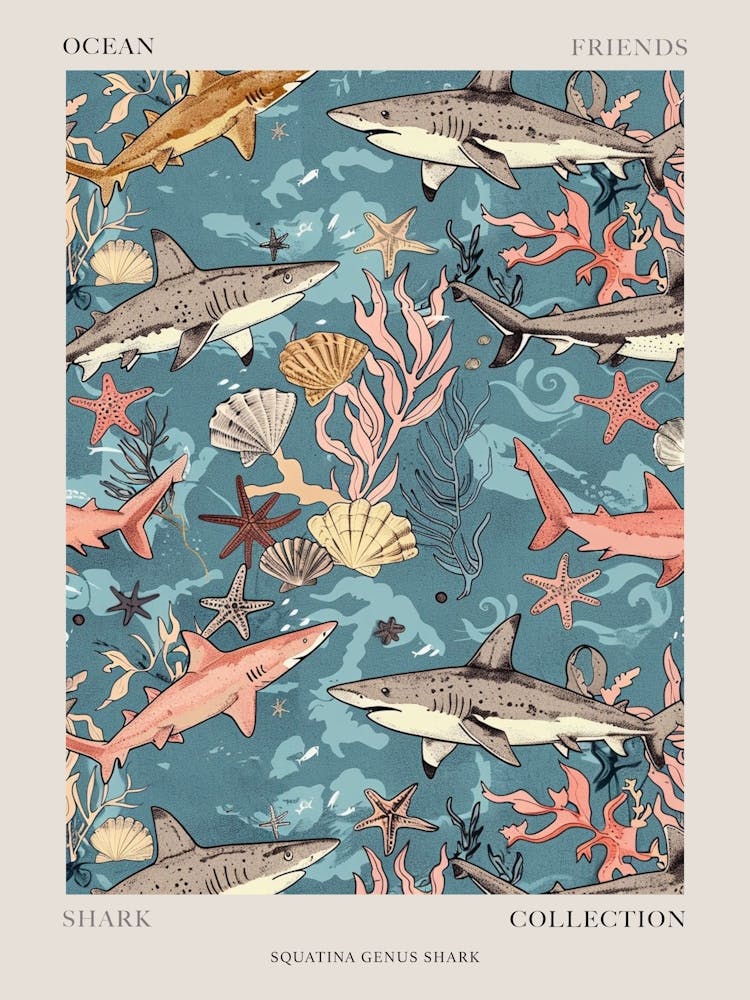 Pastel Blue Squatina Genus Shark Watercolour Seascape Pattern 3 Poster
