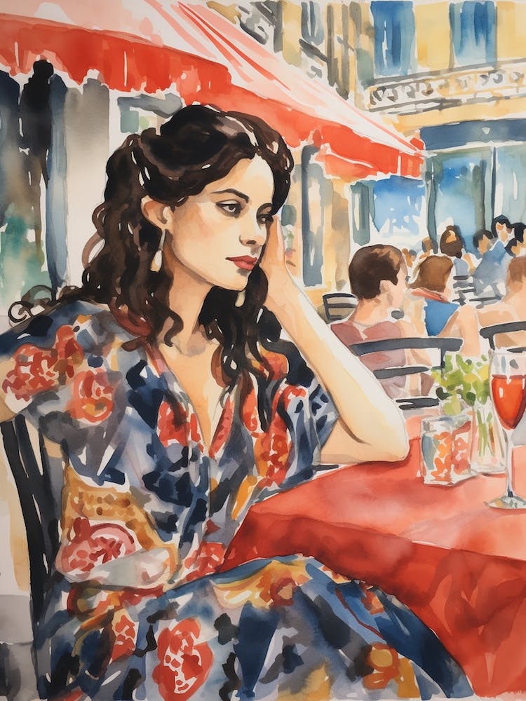 At A Cafe In Santander Spain 2 Watercolour