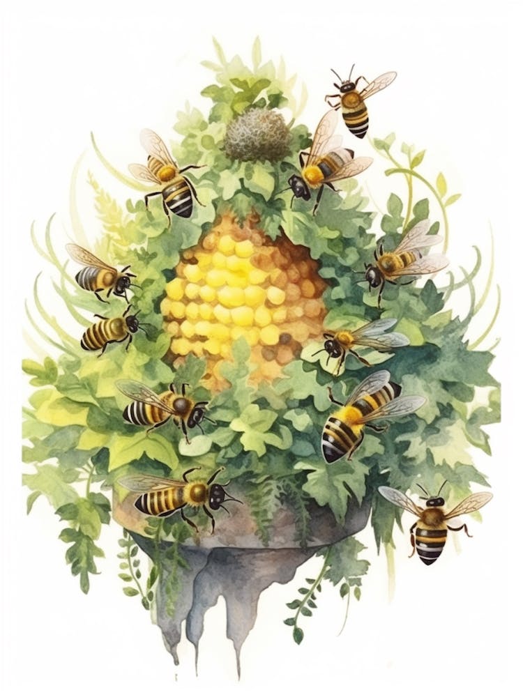 Pollen Bee Beehive Watercolour Illustration 1