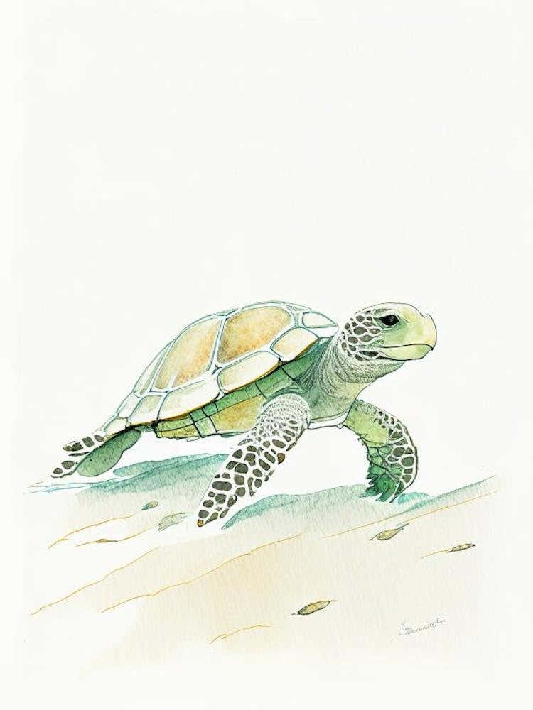 Foraging Sea Turtle, Sea Turtle Pencil Illustration 1