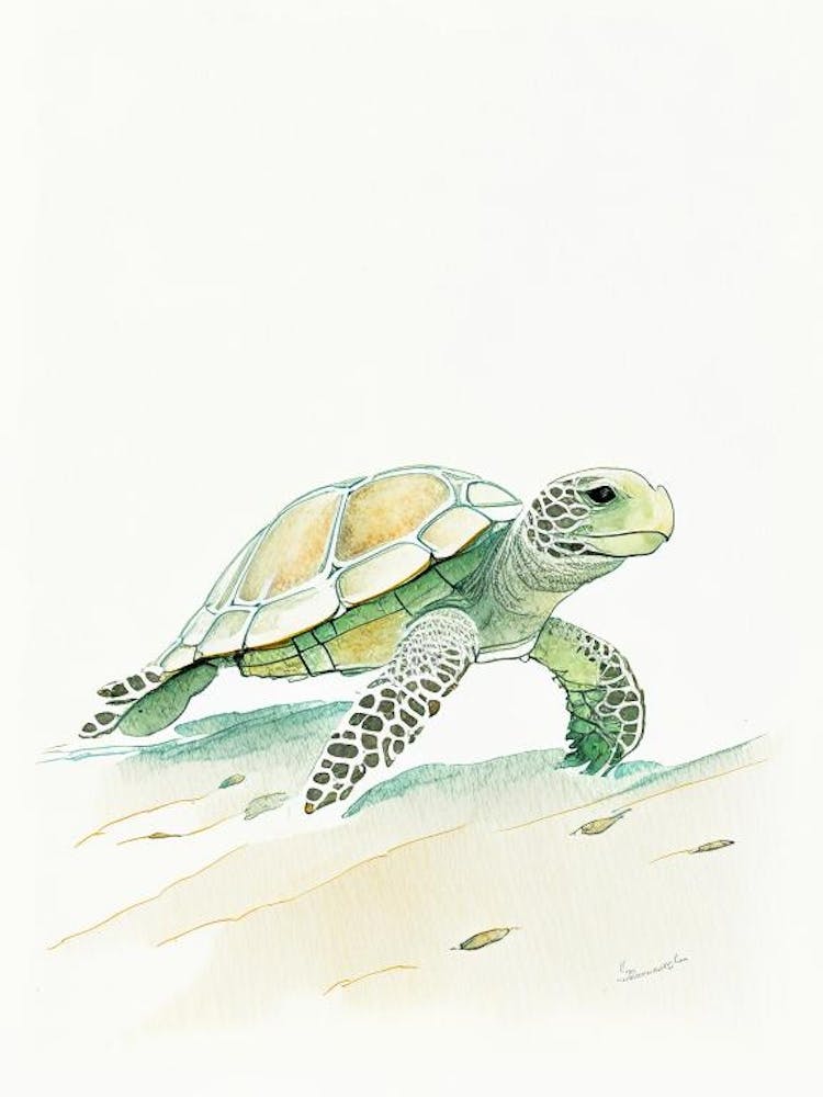 Foraging Sea Turtle, Sea Turtle Pencil Illustration 1