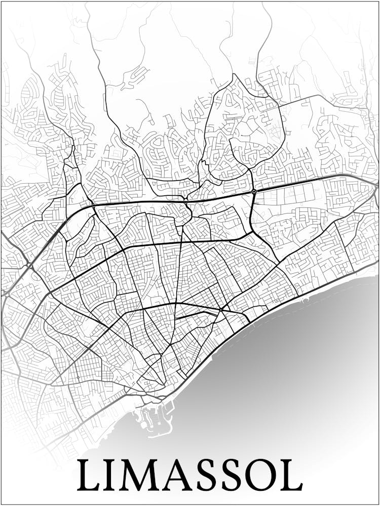 Limassol, Limassol, Cyprus, City Map, Black And White Fade Design