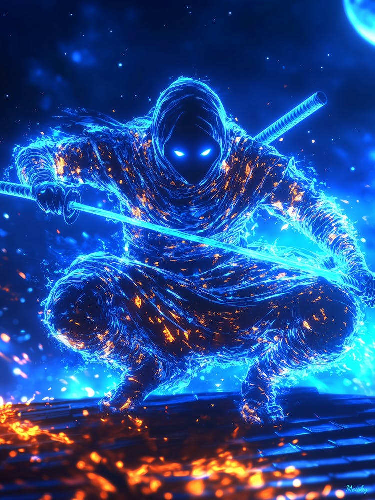 Neon Shadow Assassin – Cyberpunk Ninja In Blue Fla Poster