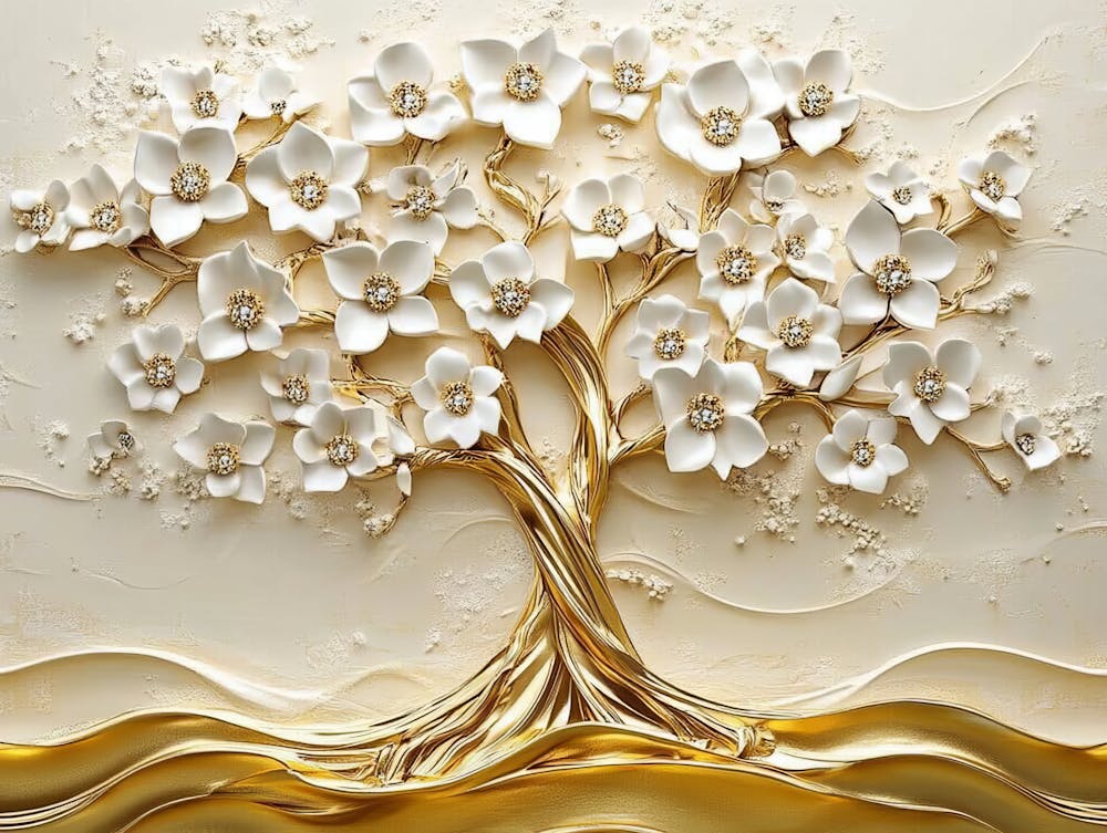 3D Tree Of Pearls. 3d Golden Tree Of Life With White Flowers