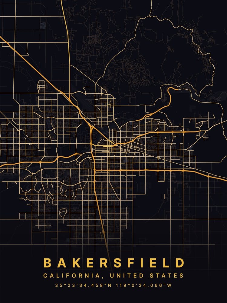 Bakersfield California USA Black And Gold Map