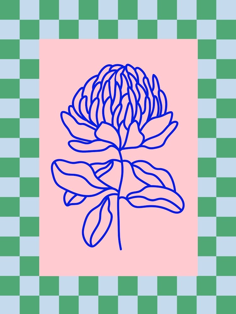 Modern Checkered Flower Poster Blue & Pink 2