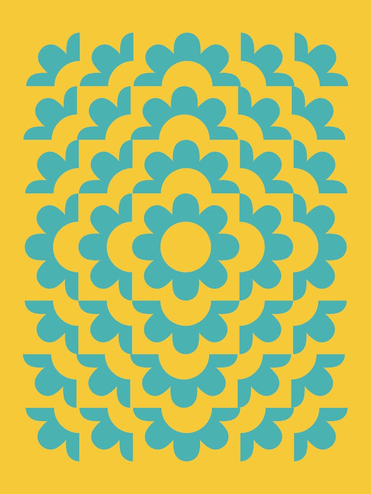 Midcentury Modern Abstract Geometric Flower Pattern Floral in blue teal mustard
