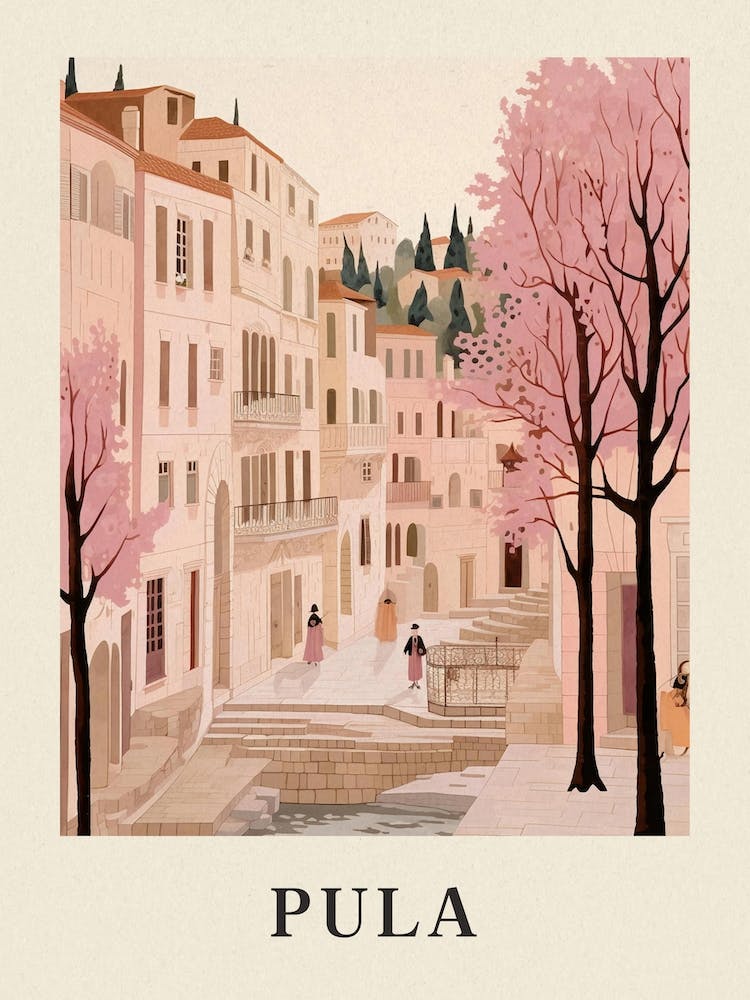 Pula Croatia 4 Vintage Pink Travel Illustration Poster