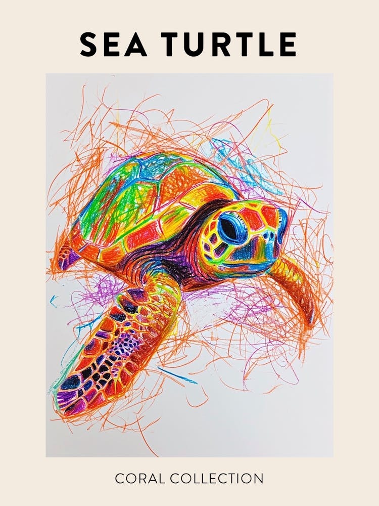 Sea Turtle With Marine Plants Scribble Poster 1