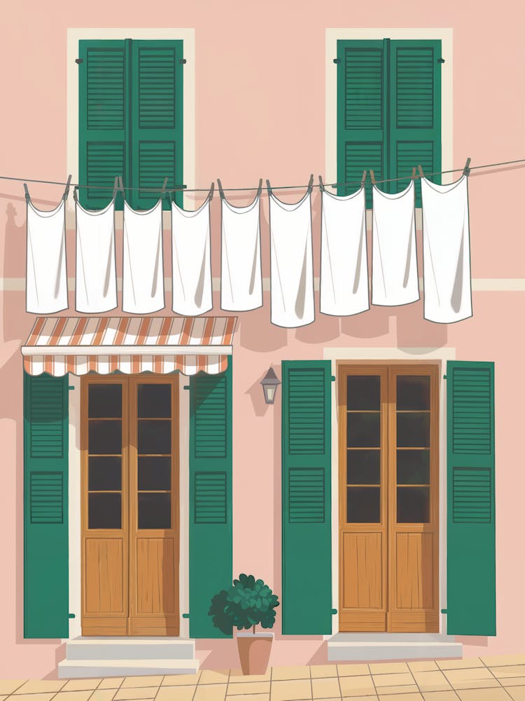 Laundry, House With Clothes Hanging On The Line