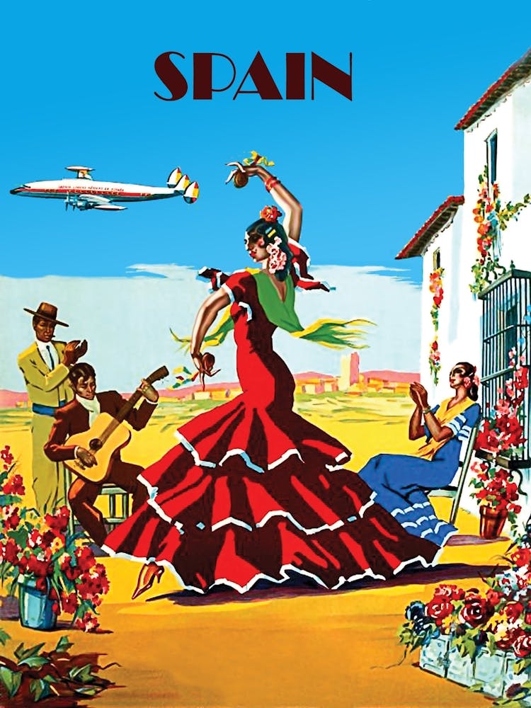 Spanish Dancers Welcomes New Airplane Arrival, Vintage Travel Poster