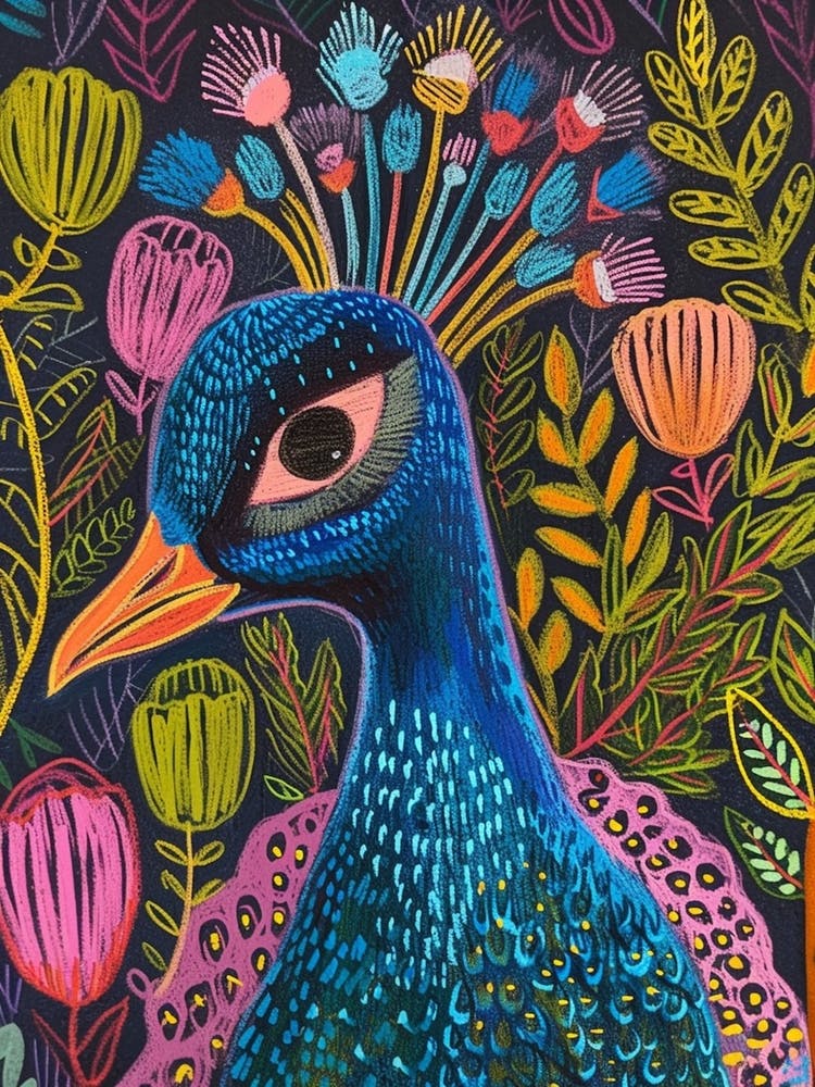 Colourful Folk Inspired Peacock Portrait 3