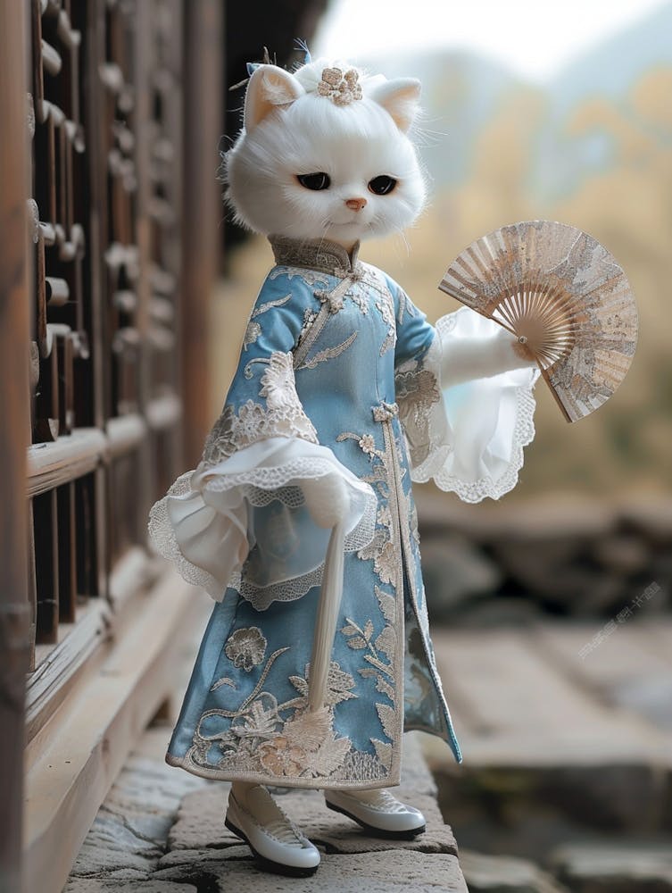 A Pure White Puppet Cat Is Wearing A Blue Chinese Qipao With Delicate Lace Decorations And Floral Patterns
