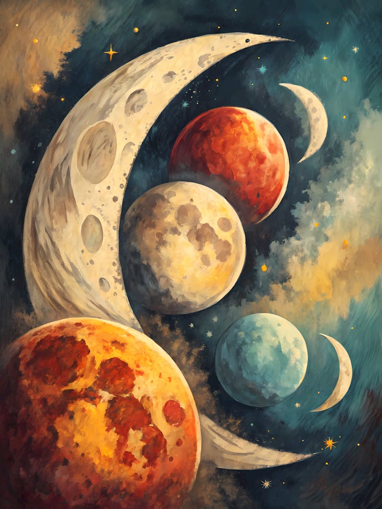 Celestial Planetary Art Abstract Space oil Painting with Moons and Stars