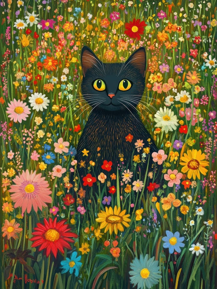 Black Cat In A Flower Field 2