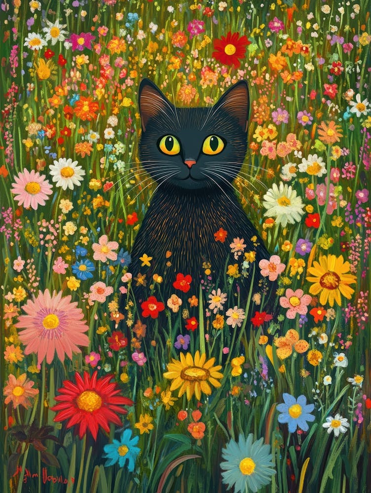 Black Cat In A Flower Field 2