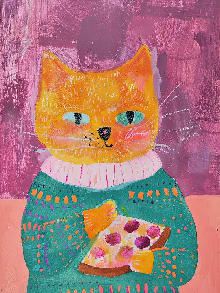 Orange Cat Pizza Lover Folk Illustration 2