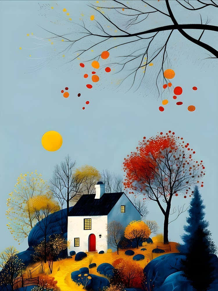 Cozy Autumn Cottage Whimsical Fall Landscape Illustration 1
