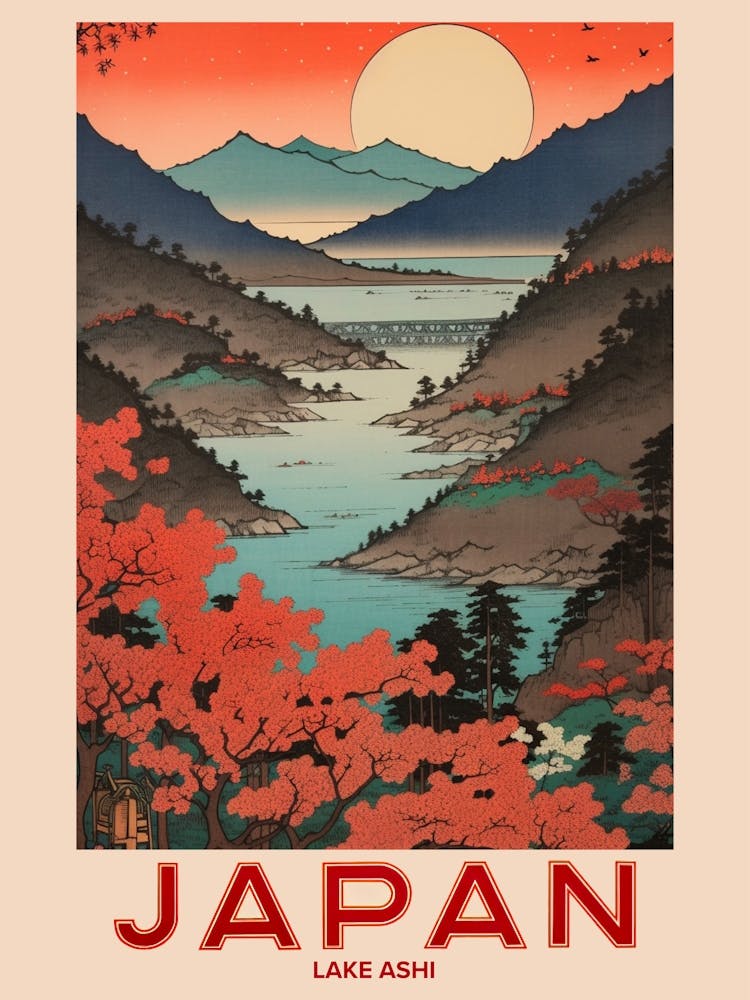 Lake Ashi, Visit Japan Vintage Travel Art 2