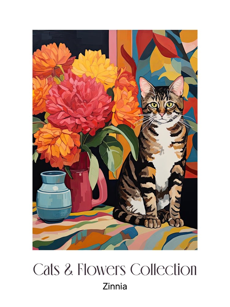 Cats & Flowers Collection Zinnia Flower Vase And A Cat, A Painting In The Style Of Matisse 2